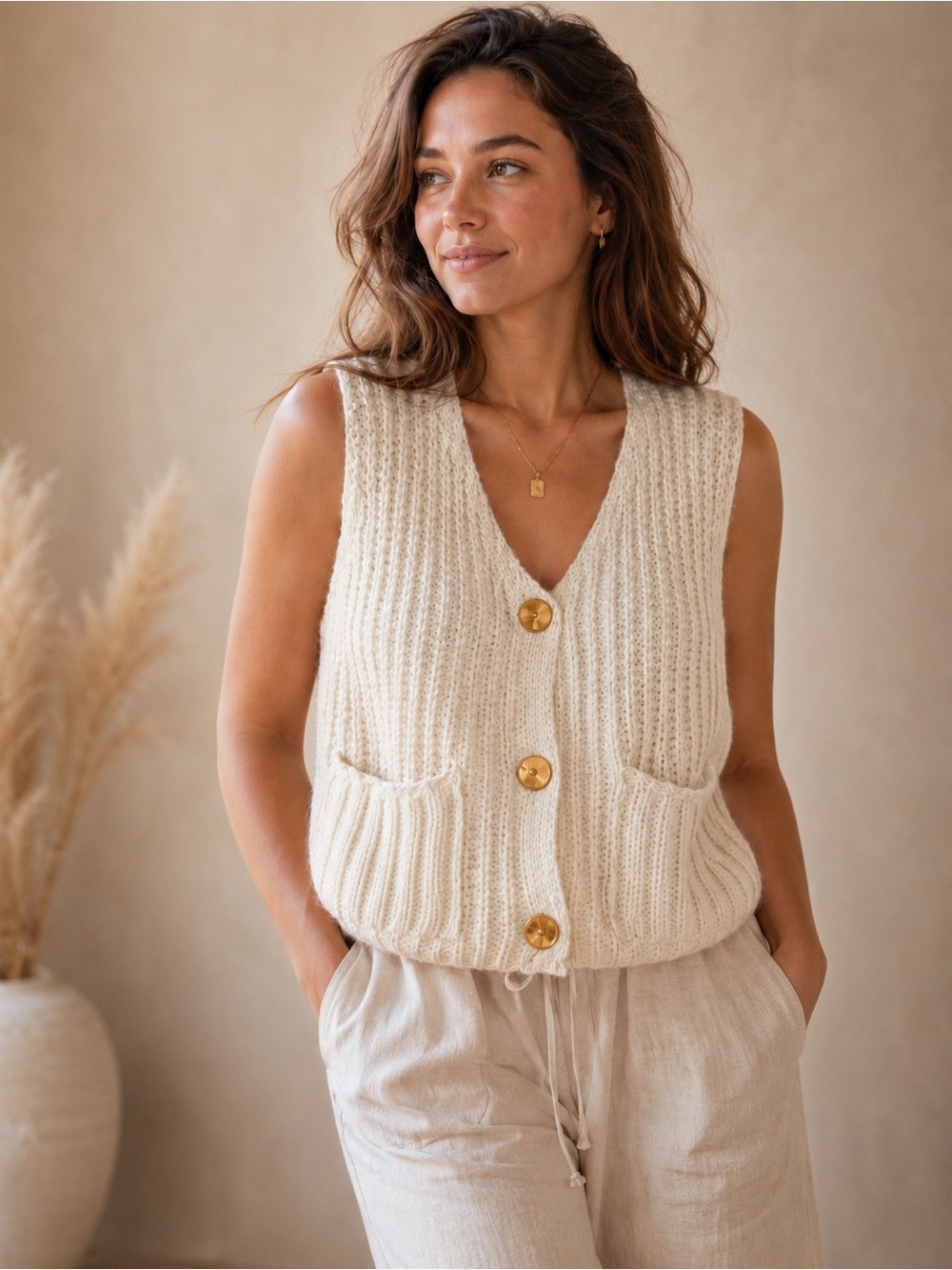 Cozy Chunky Knit Sweater Vest with Gold Buttons - Cream